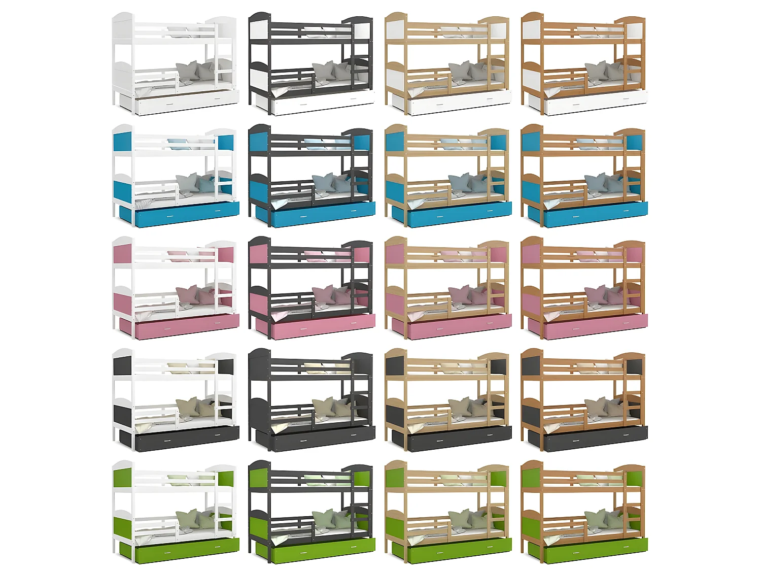 Lit Superposé Mateo 90x190 Gris - rose Livré avec sommiers, tiroir et matelas en mousse de 7cm