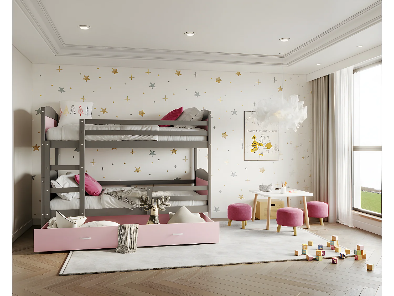 Lit Superposé Mateo 90x190 Gris - rose Livré avec sommiers, tiroir et matelas en mousse de 7cm