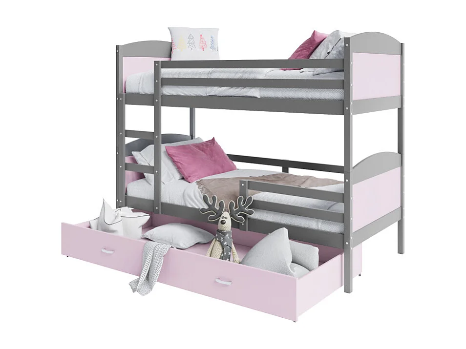 Lit Superposé Mateo 90x190 Gris - rose Livré avec sommiers Livré avec sommiers, tiroir et matelas en mousse de 7cm