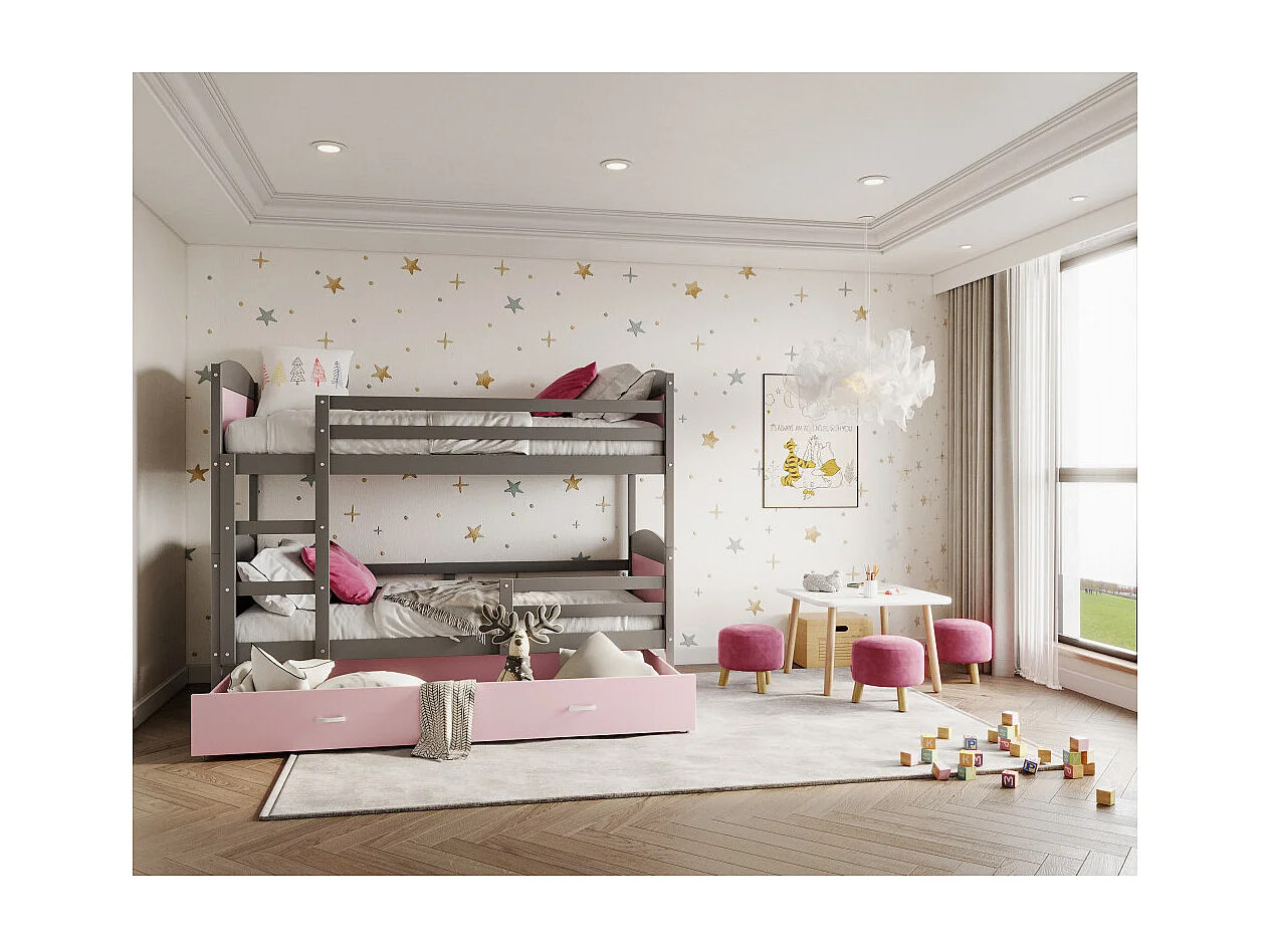 Lit Superposé Mateo 90x190 Gris - rose Livré avec sommiers Livré avec sommiers, tiroir et matelas en mousse de 7cm