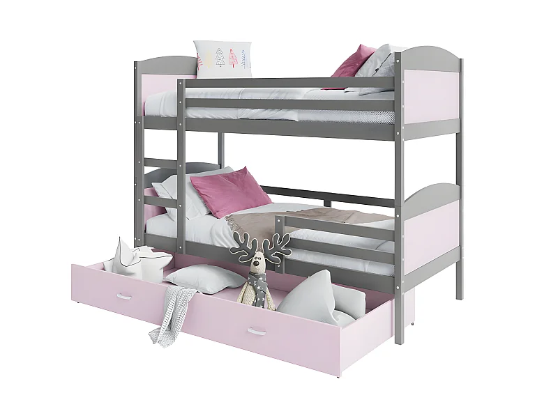 Lit Superposé Mateo 90x190 Gris - rose Livré avec sommiers, tiroir et matelas en mousse de 7cm