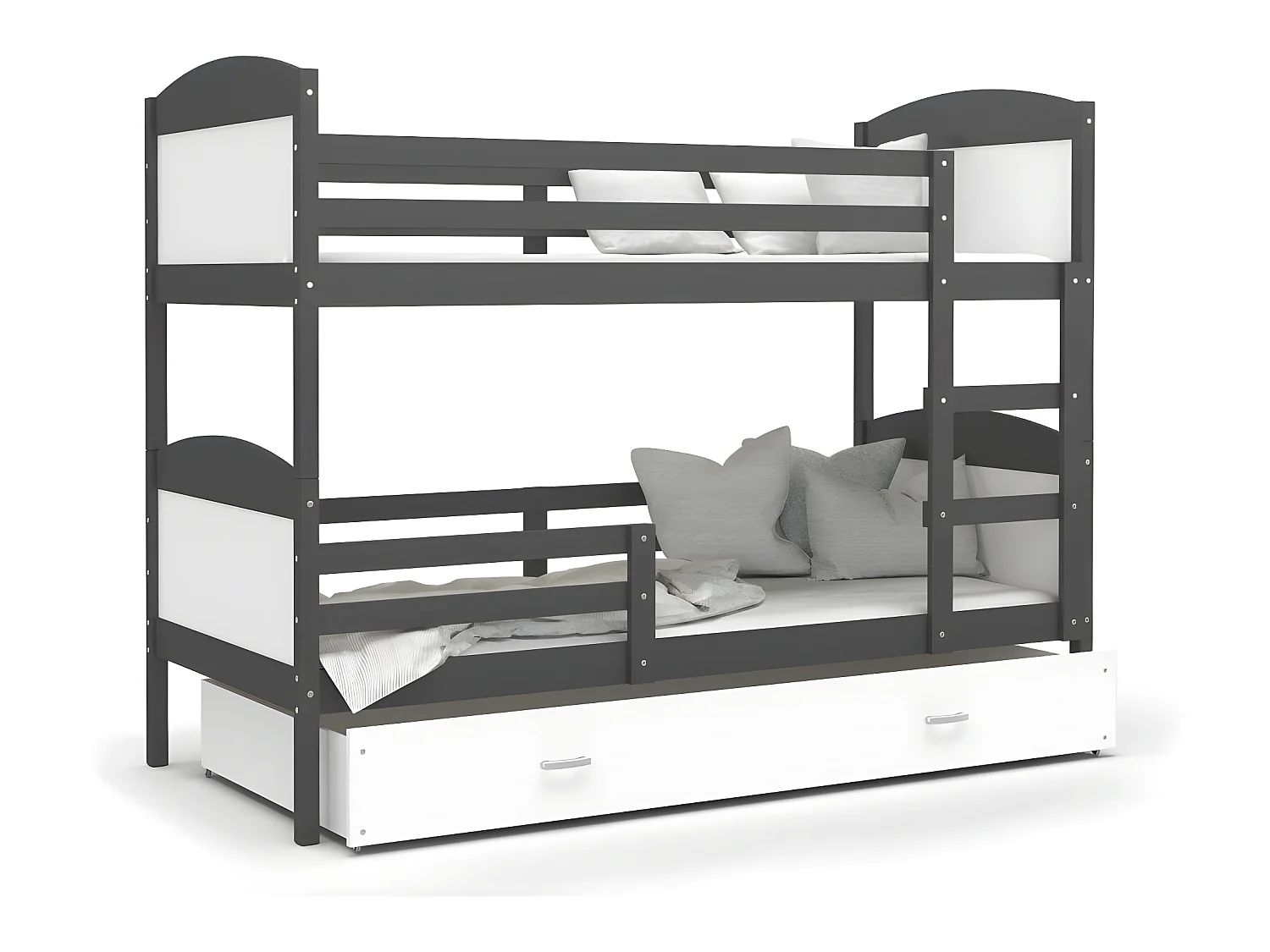 Lit Superposé Mateo 90x190 Gris - blanc Livré avec sommiers, tiroir et matelas en mousse de 7cm