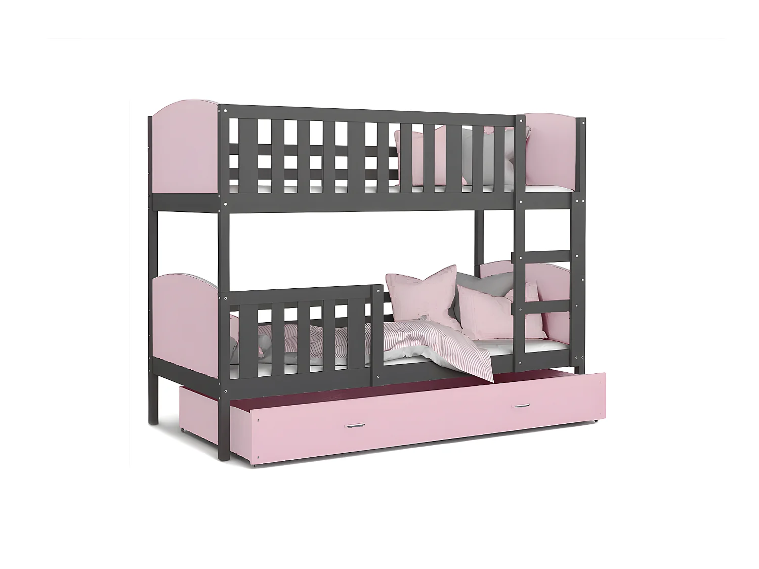 Lit Superposé Tomy 90x190 Gris - rose Livré avec sommiers, tiroir et matelas en mousse de 7cm