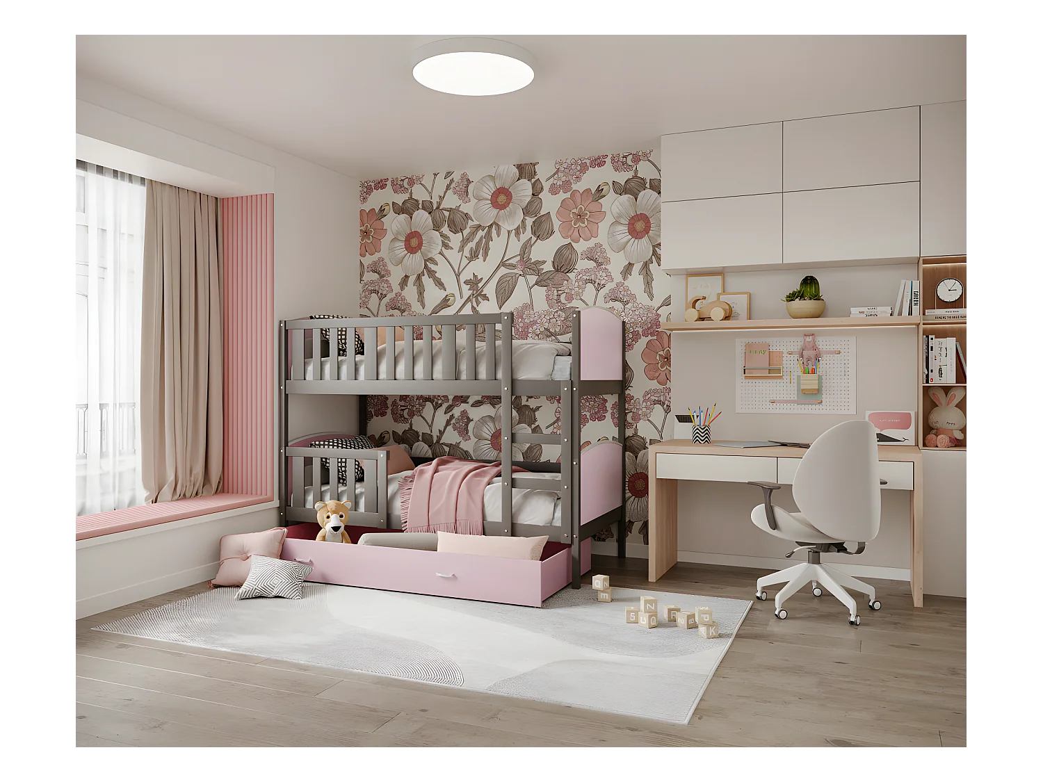 Lit Superposé Tomy 90x190 Gris - rose Livré avec sommiers, tiroir et matelas en mousse de 7cm