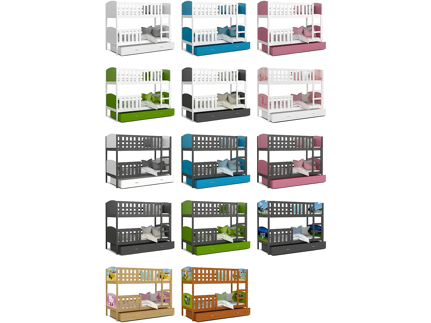 Lit Superposé Tomy 90x190 Gris - rose Livré avec sommiers, tiroir et matelas en mousse de 7cm