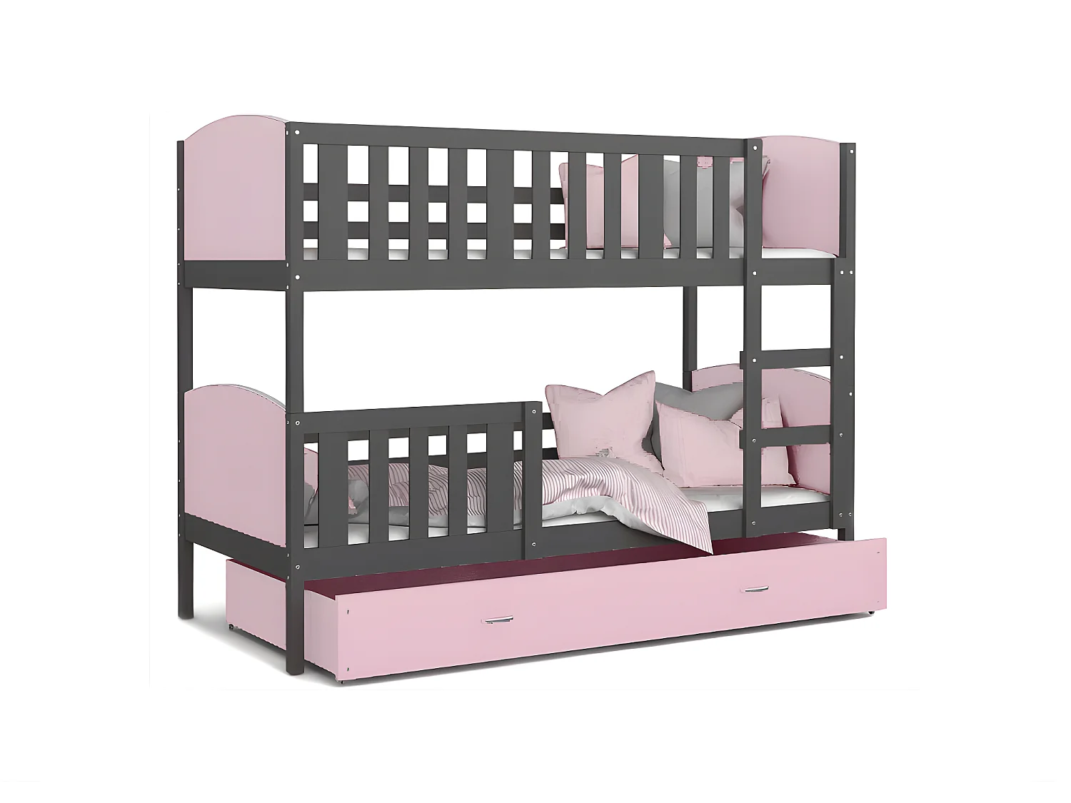 Lit Superposé Tomy 90x190 Gris - rose Livré avec sommiers, tiroir et matelas en mousse de 7cm