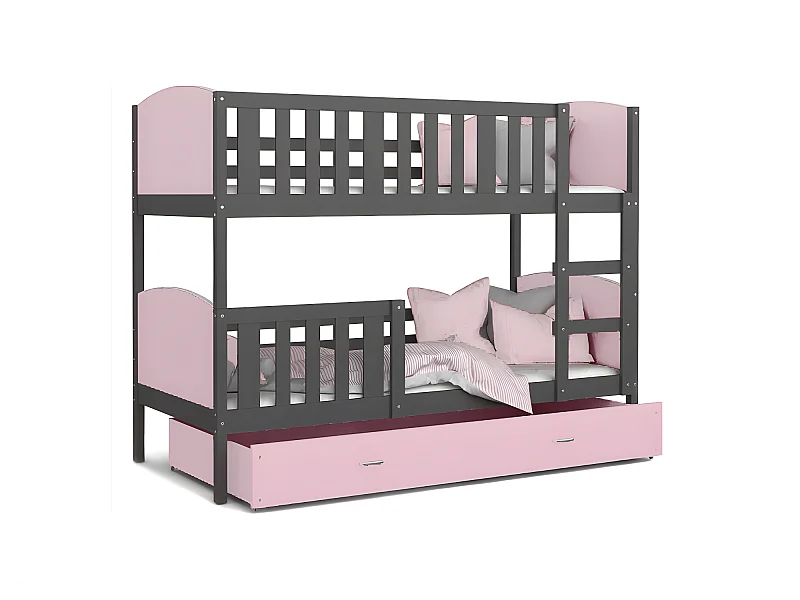 Lit Superposé Tomy 90x190 Gris - rose Livré avec sommiers, tiroir et matelas en mousse de 7cm