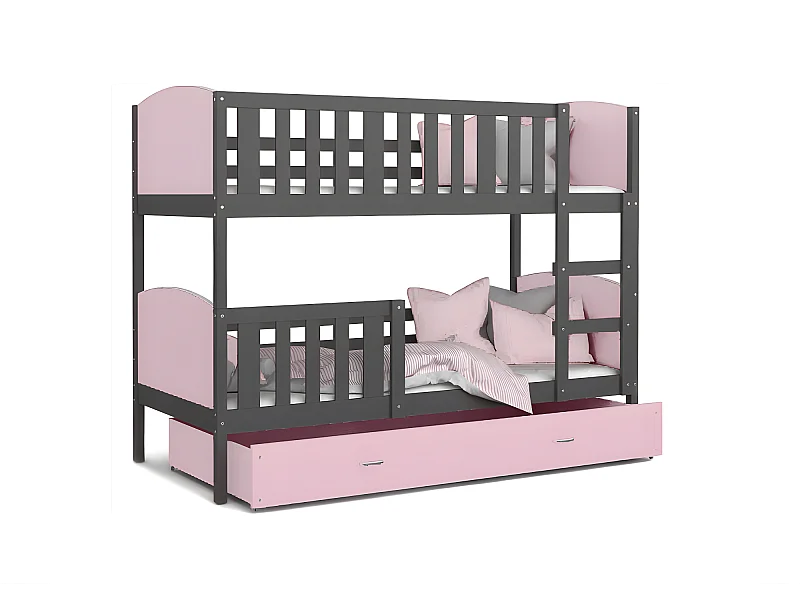 Lit Superposé Tomy 90x190 Gris - rose Livré avec sommiers, tiroir et matelas en mousse de 7cm