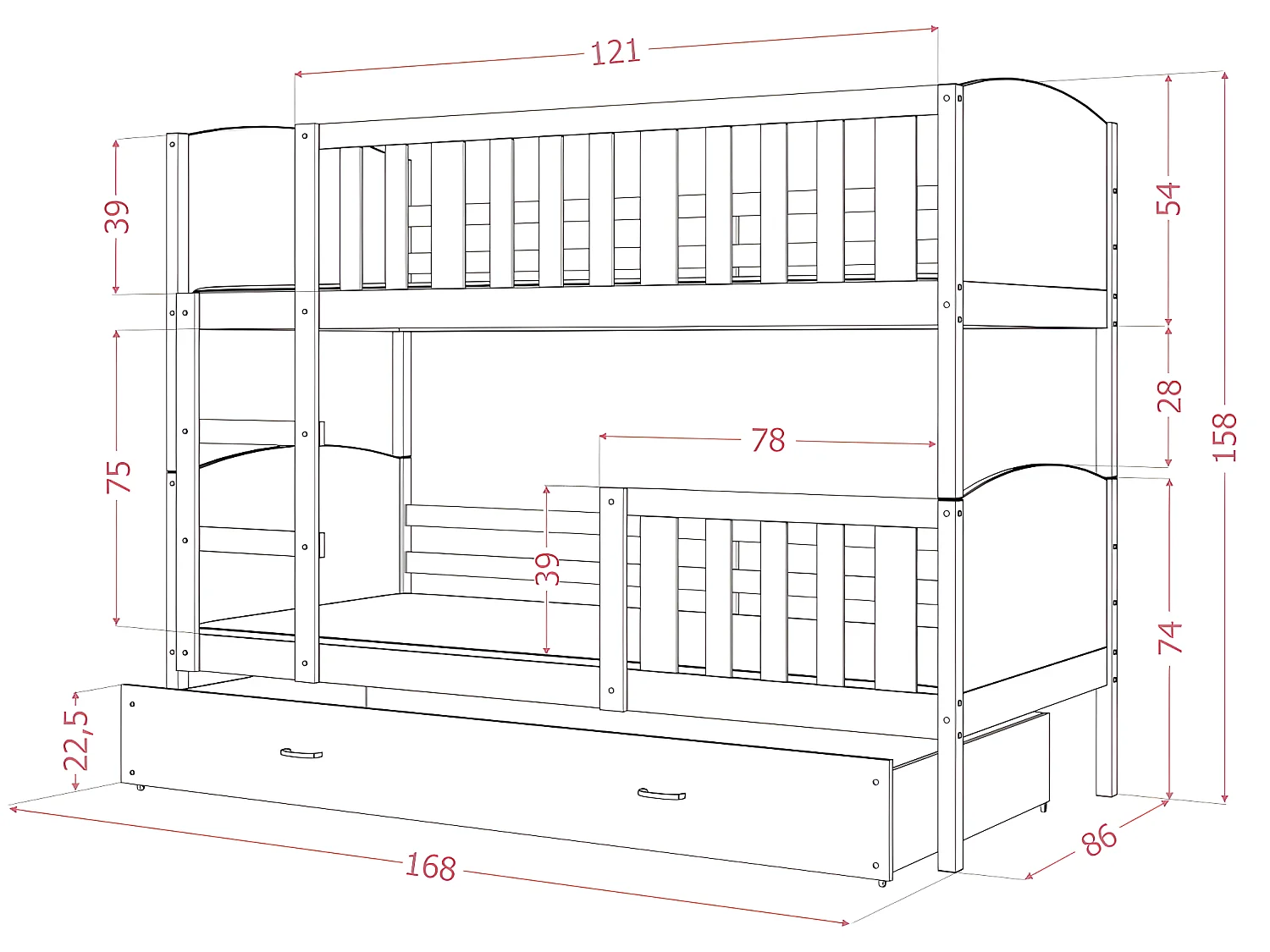 Lit Superposé Tomy 80x160  Gris - blanc Livré avec sommiers, tiroir et matelas en mousse de 7cm