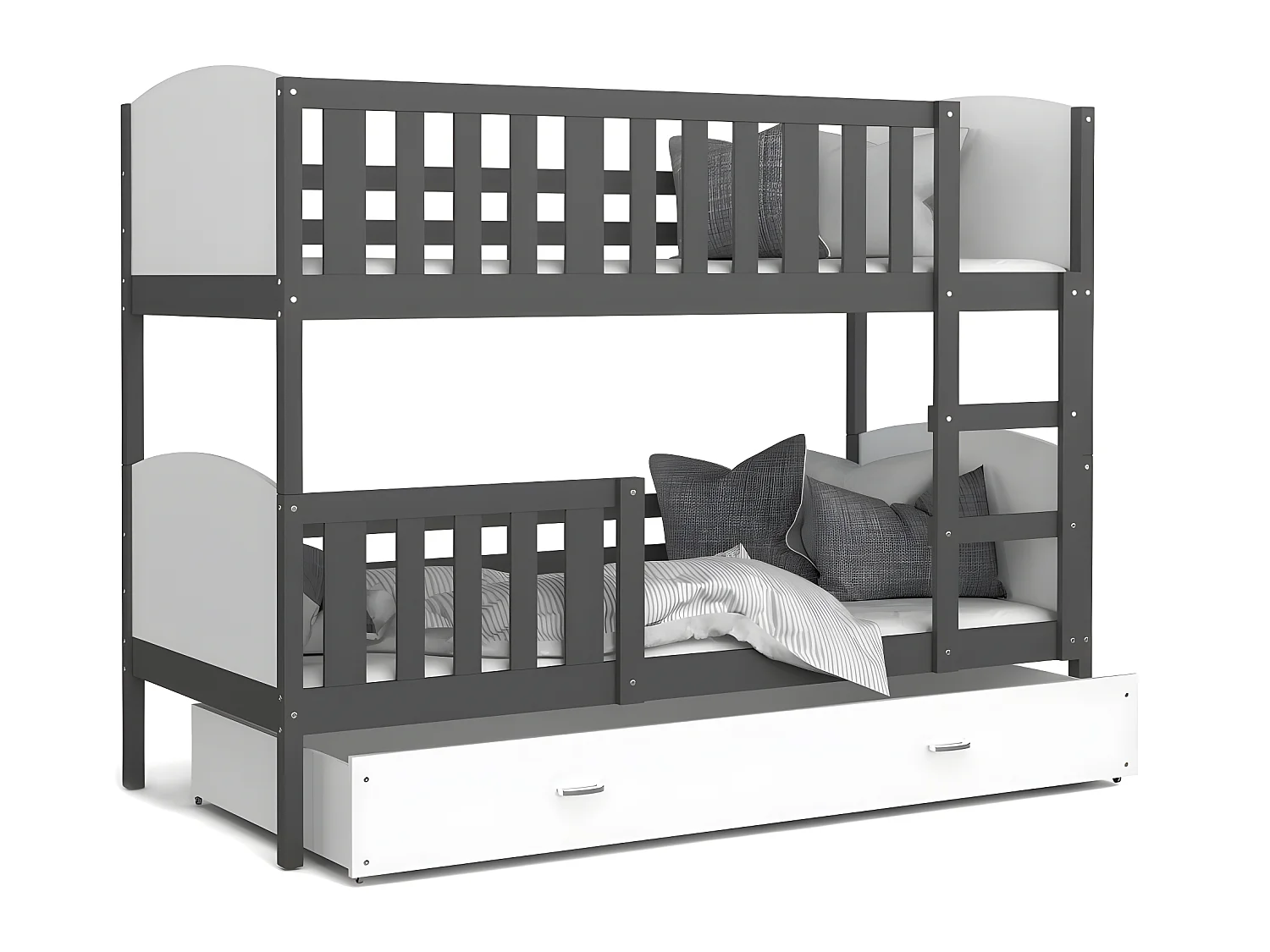 Lit Superposé Tomy 80x160  Gris - blanc Livré avec sommiers, tiroir et matelas en mousse de 7cm