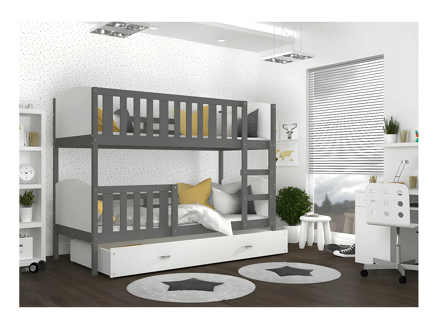Lit Superposé Tomy 80x160  Gris - blanc Livré avec sommiers, tiroir et matelas en mousse de 7cm