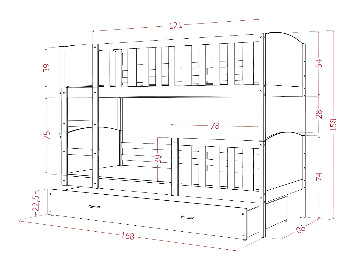 Lit Superposé Tomy 80x160  Gris - blanc Livré avec sommiers, tiroir et matelas en mousse de 7cm