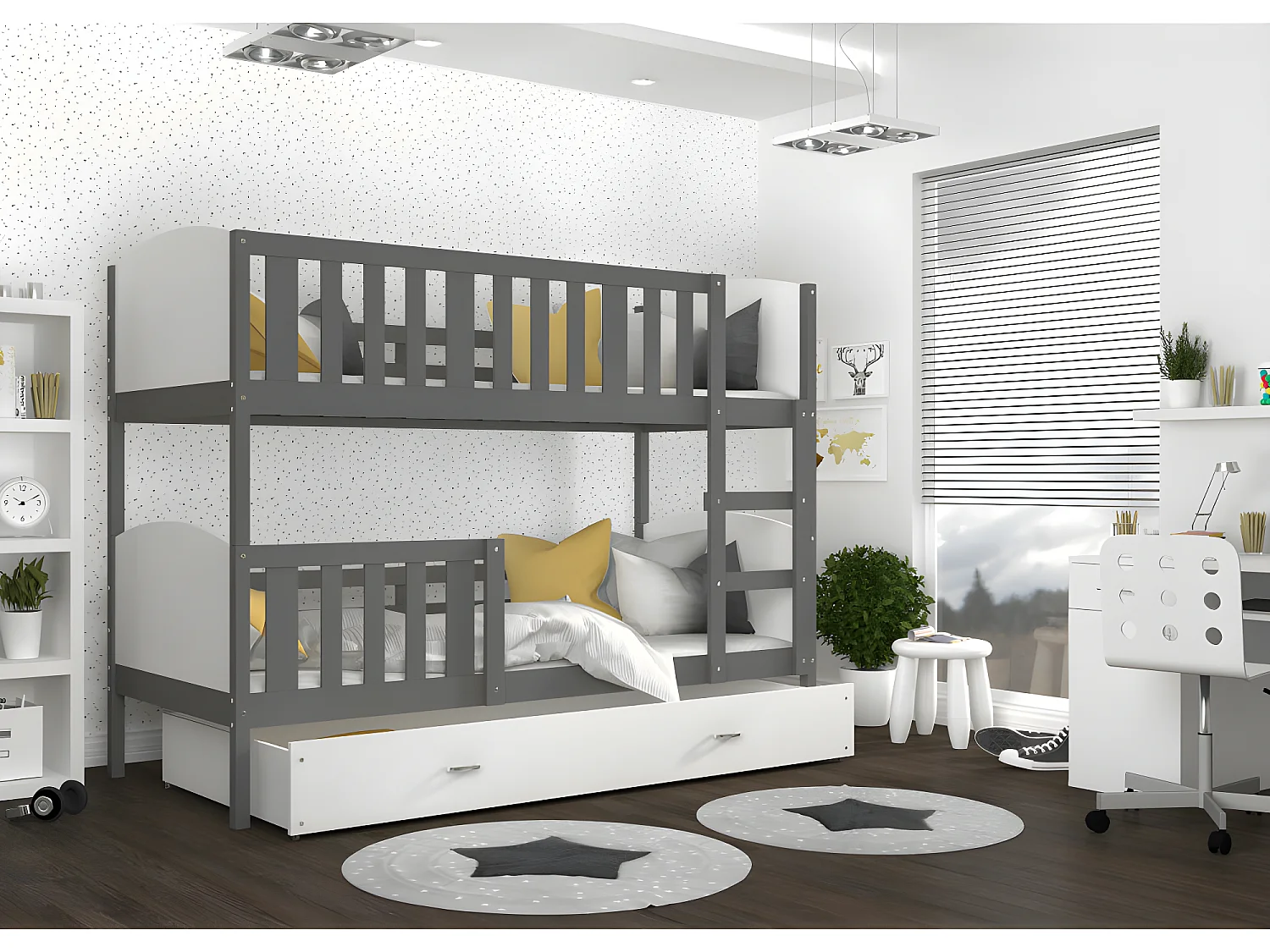 Lit Superposé Tomy 80x160  Gris - blanc Livré avec sommiers, tiroir et matelas en mousse de 7cm