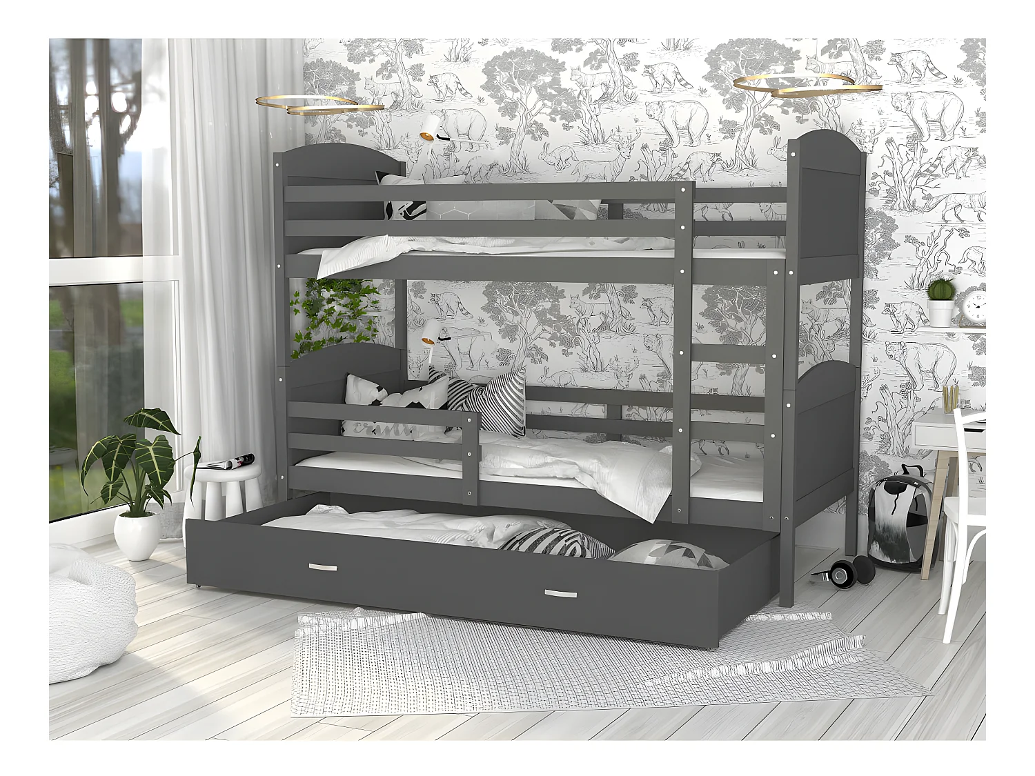 Lit Superposé Matis 90x190 (Sans Matelas) Gris Livré avec le sommiers et tiroir.