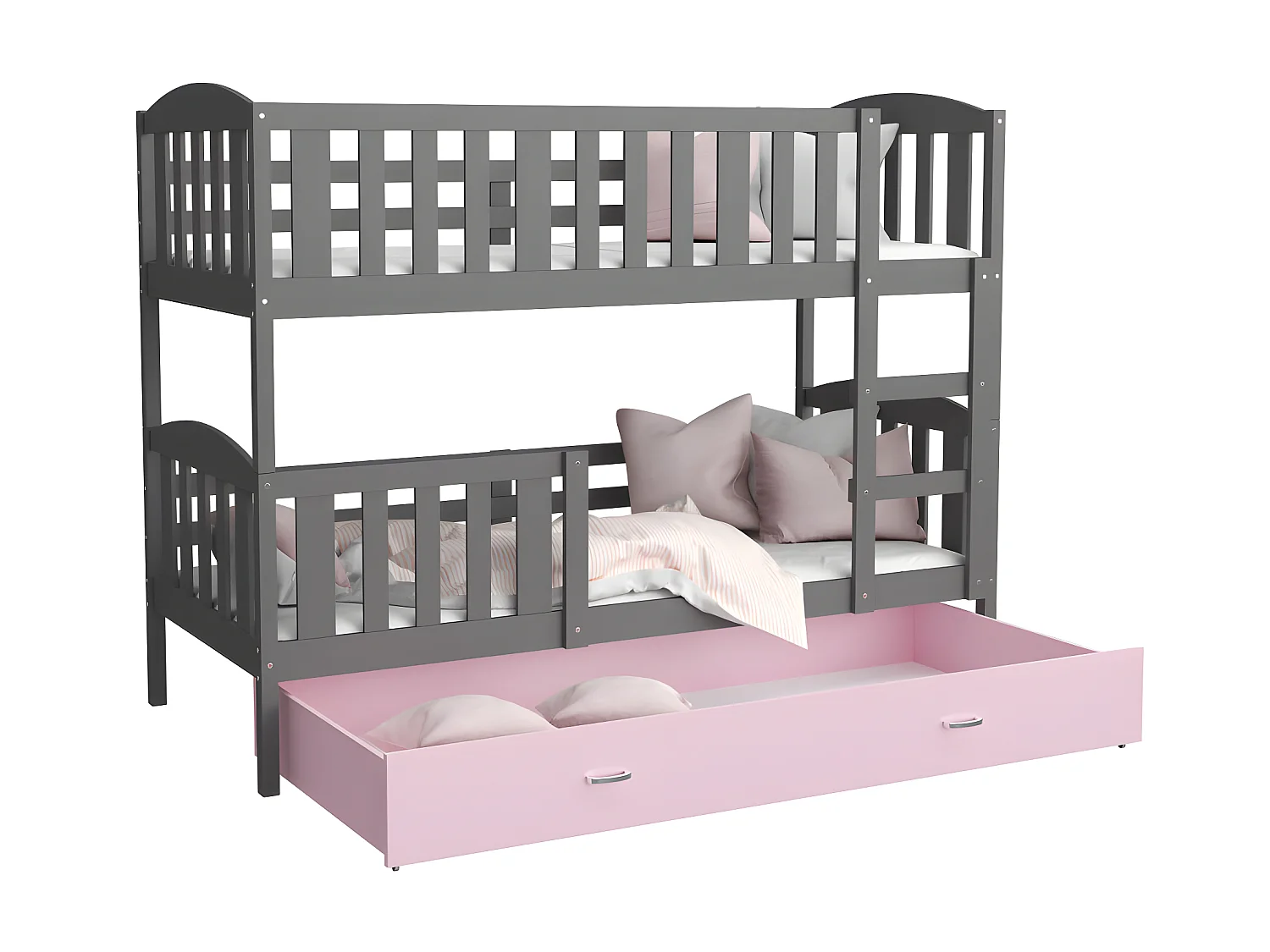 Lit Superposé Teo 90x190 Gris - rose Livré avec sommiers, tiroir et matelas en mousse de 7cm