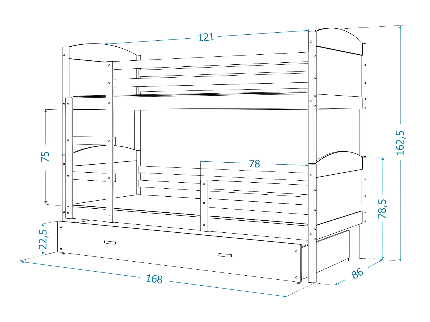 Lit Superposé Mateo 80x160  Blanc - blanc Livré avec sommiers, tiroir et matelas en mousse de 7cm