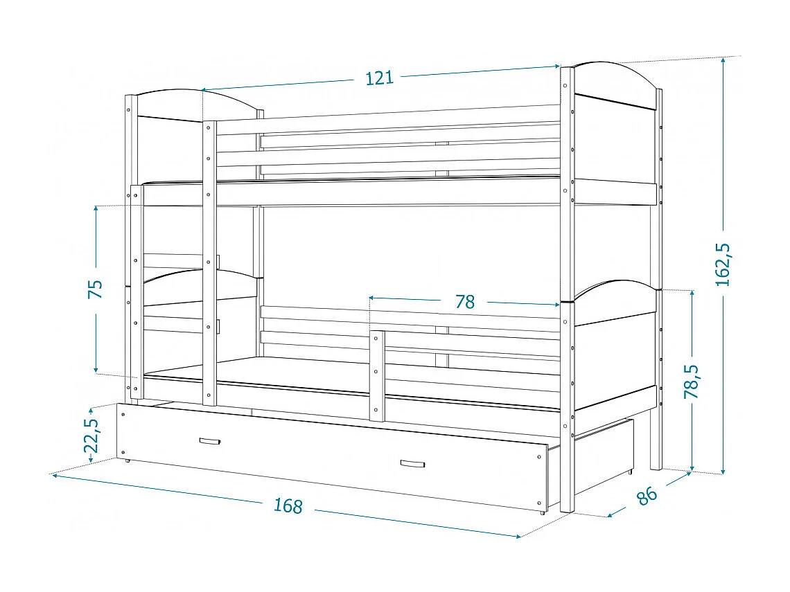 Lit Superposé Mateo 80x160   Tiroir + Matelas Blanc - blanc