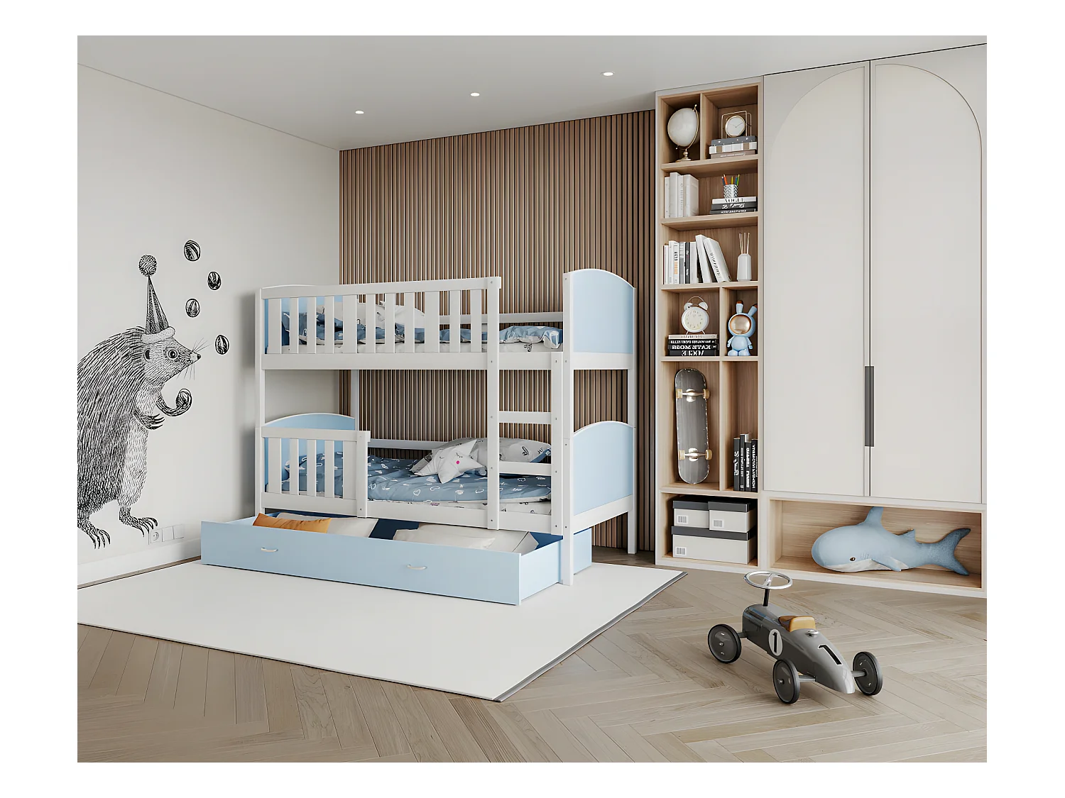 Lit Superposé Tomy 90x190 Blanc - bleu Livré avec sommiers, tiroir et matelas en mousse de 7cm