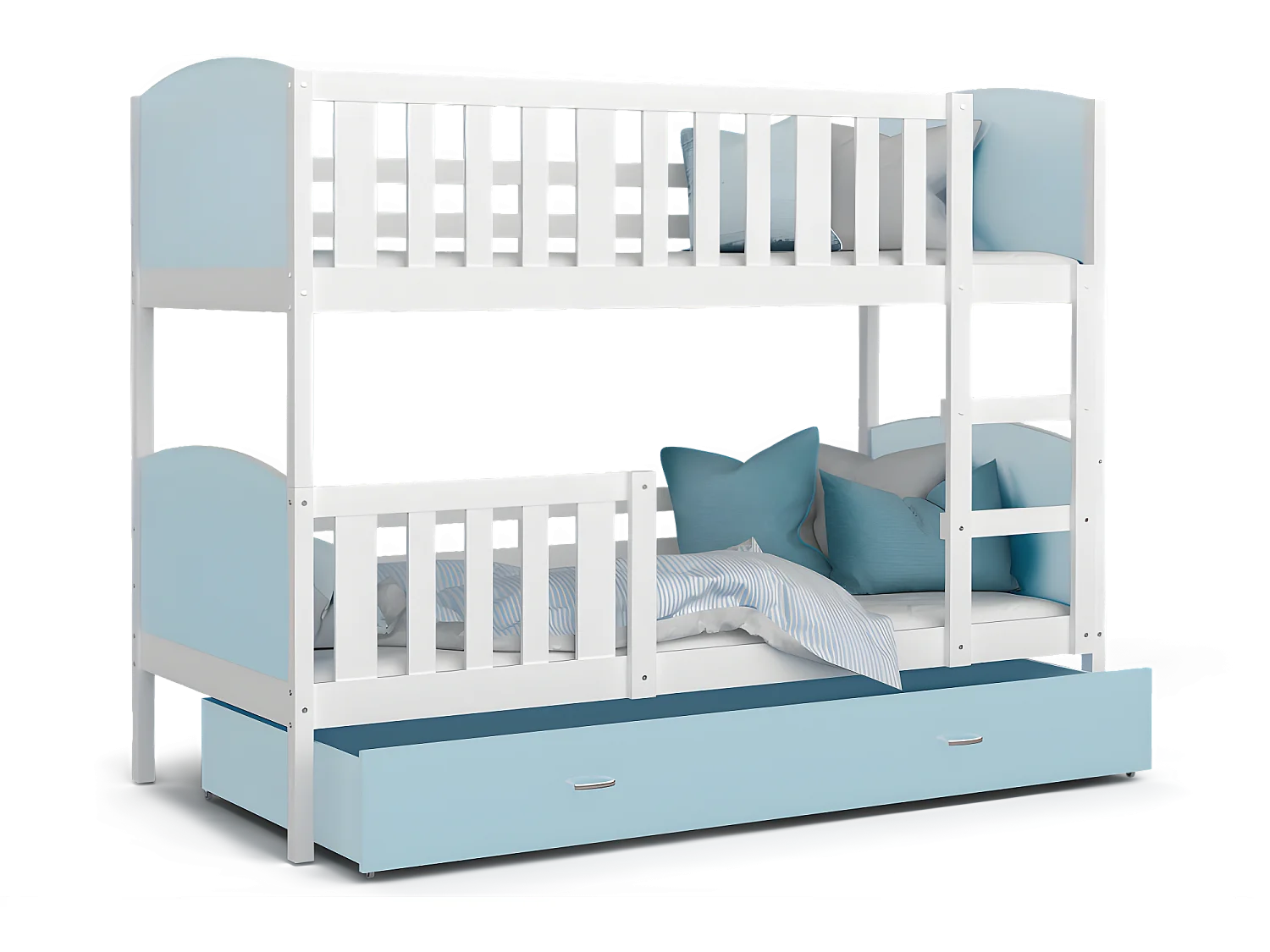 Lit Superposé Tomy 90x190 Blanc - bleu Livré avec sommiers, tiroir et matelas en mousse de 7cm
