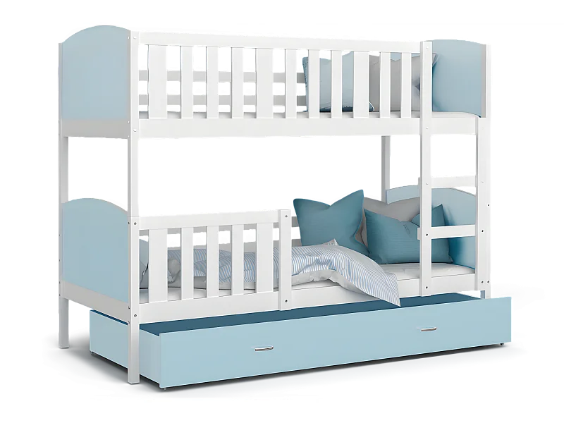 Lit Superposé Tomy 90x190 Blanc - bleu Livré avec sommiers, tiroir et matelas en mousse de 7cm