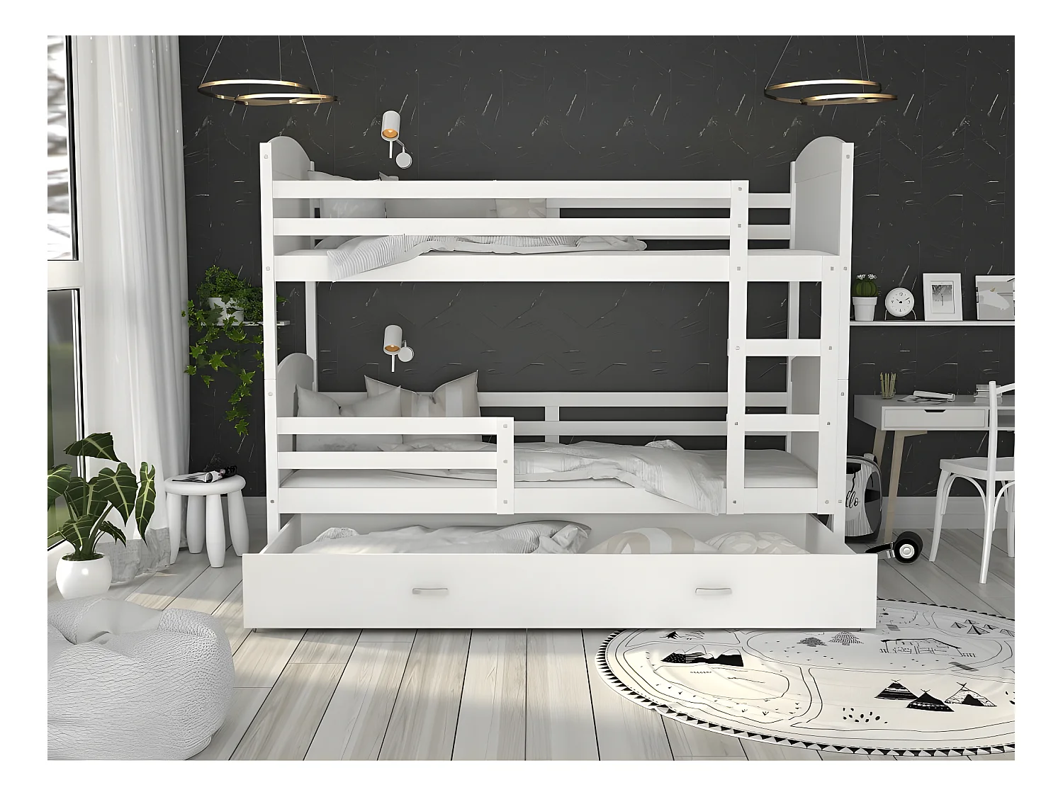 Lit Superposé Mateo 90x200  Blanc Livré avec sommiers, tiroir et matelas en mousse de 7cm
