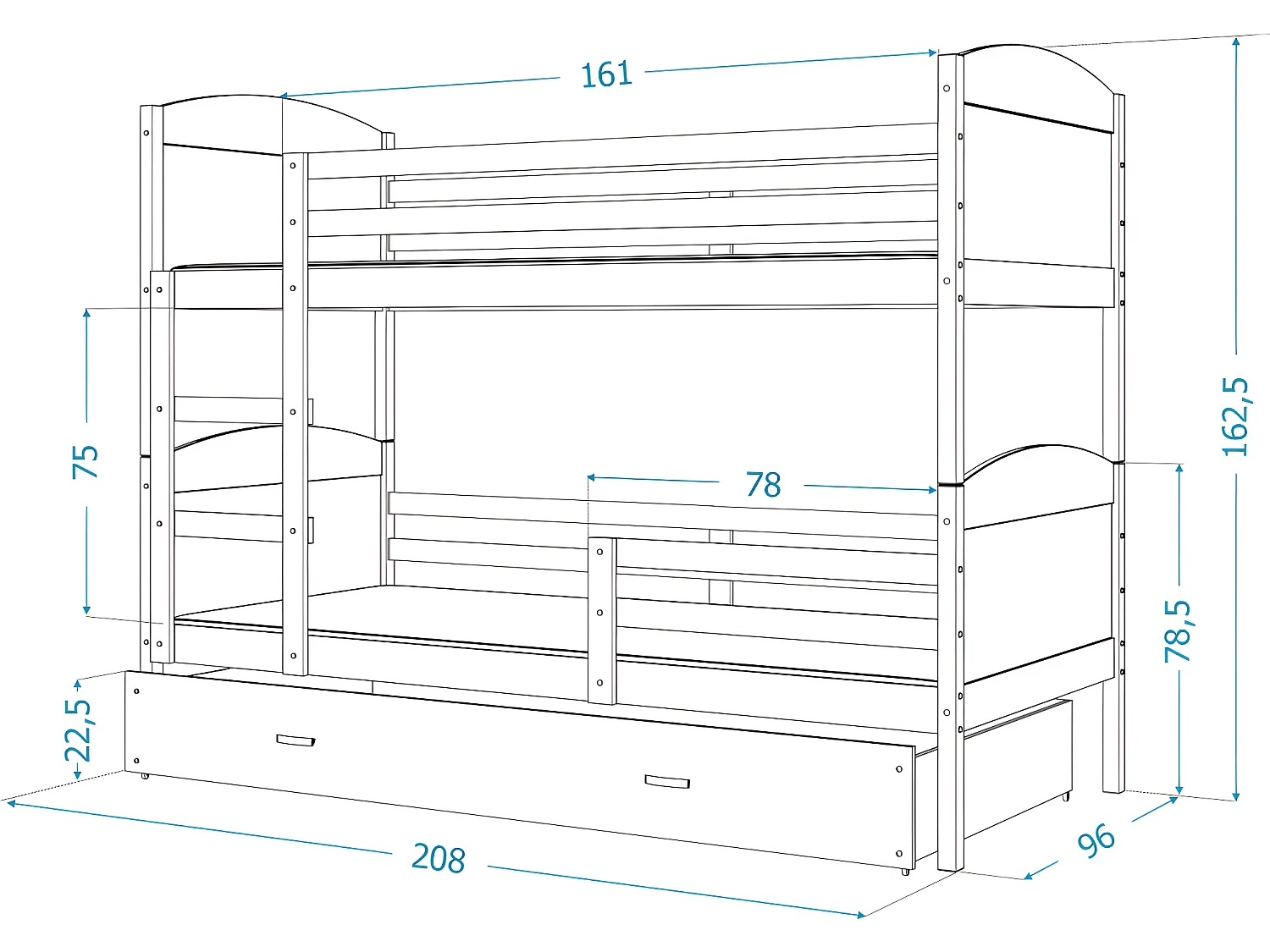 Lit Superposé Mateo 90x200  Blanc Livré avec sommiers, tiroir et matelas en mousse de 7cm