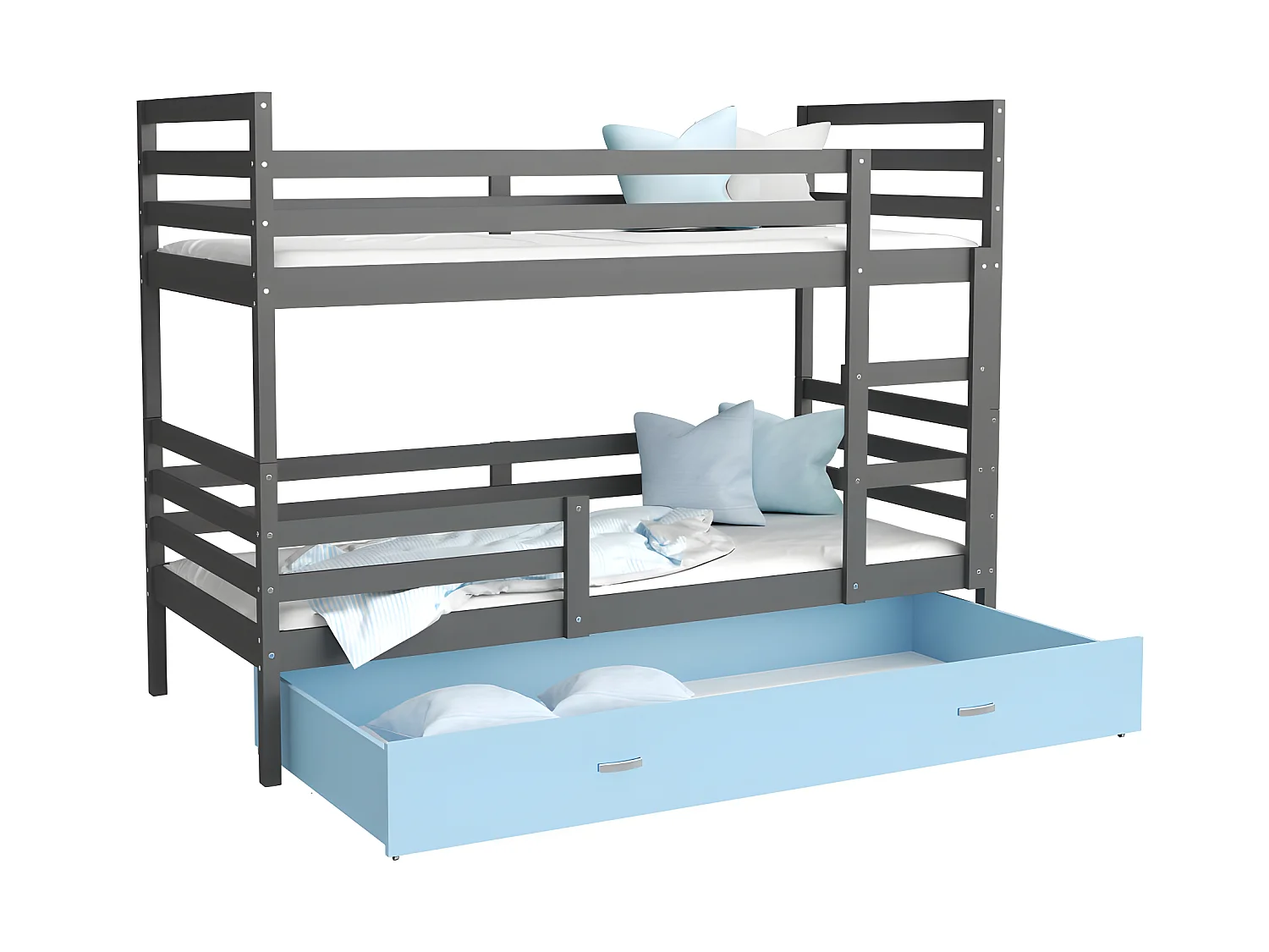 Lit Superposé Milo 90x190 Gris - bleu Livré avec sommiers, tiroir et matelas en mousse de 7cm