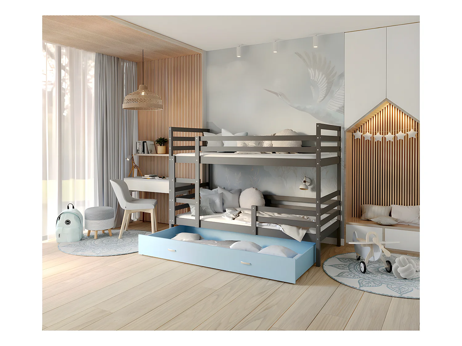 Lit Superposé Milo 90x190 Gris - bleu Livré avec sommiers, tiroir et matelas en mousse de 7cm