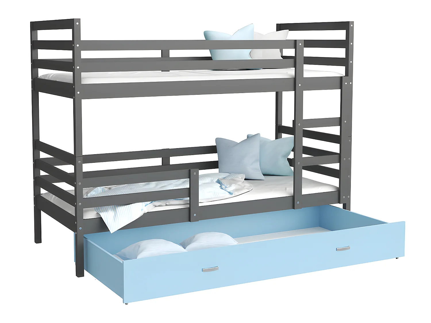 Lit Superposé Milo 90x190 Gris - bleu Livré avec sommiers, tiroir et matelas en mousse de 7cm