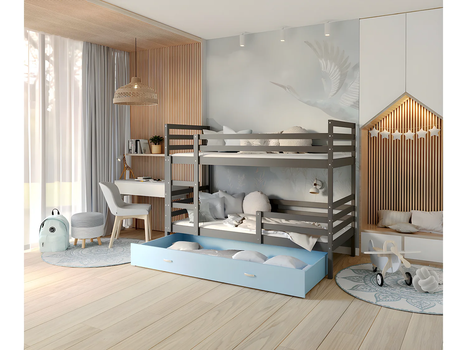 Lit Superposé Milo 90x190 Gris - bleu Livré avec sommiers, tiroir et matelas en mousse de 7cm