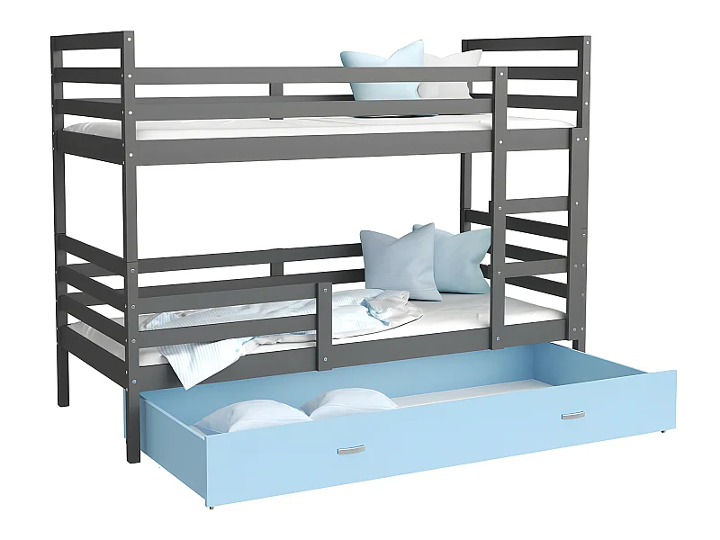 Lit Superposé Milo 90x190 Gris - bleu Livré avec sommiers, tiroir et matelas en mousse de 7cm