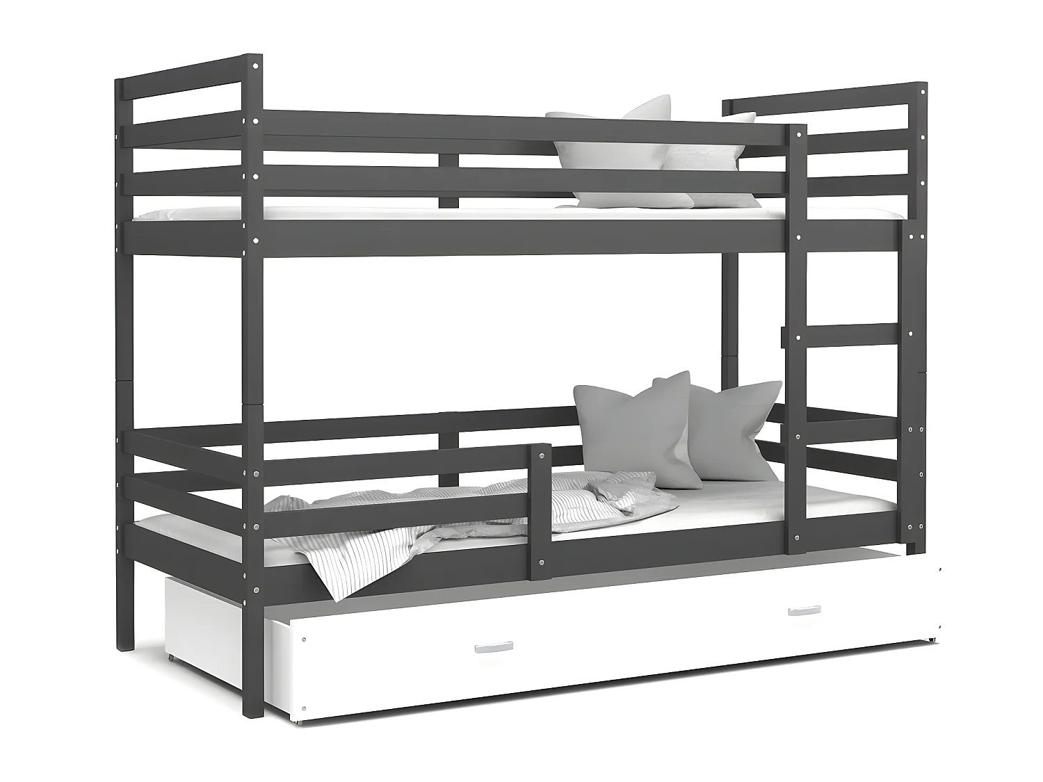 Lit Superposé Milo 90x190 Gris - blanc Livré avec sommiers, tiroir et matelas en mousse de 7cm