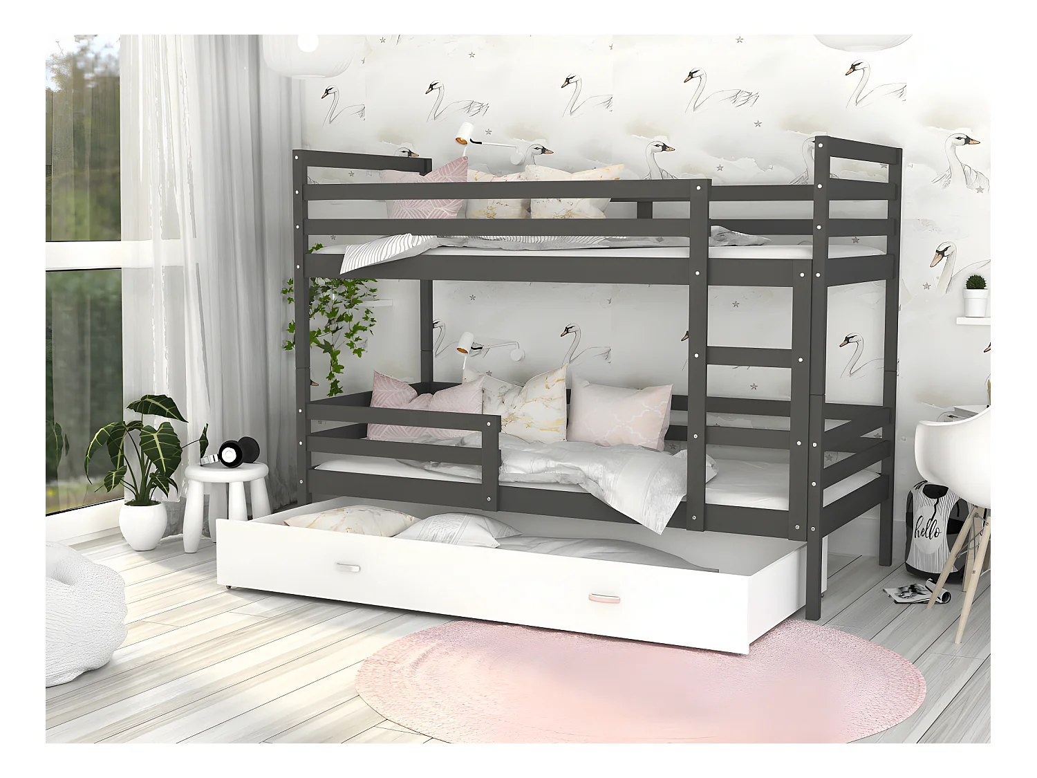 Lit Superposé Milo 90x190 Gris - blanc Livré avec sommiers, tiroir et matelas en mousse de 7cm