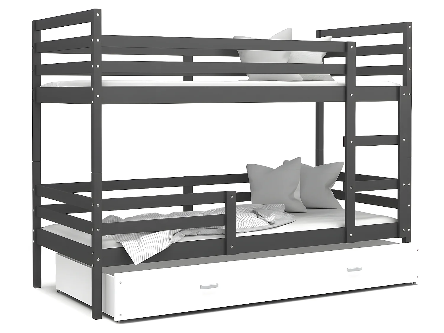 Lit Superposé Milo 90x190 Gris - blanc Livré avec sommiers, tiroir et matelas en mousse de 7cm