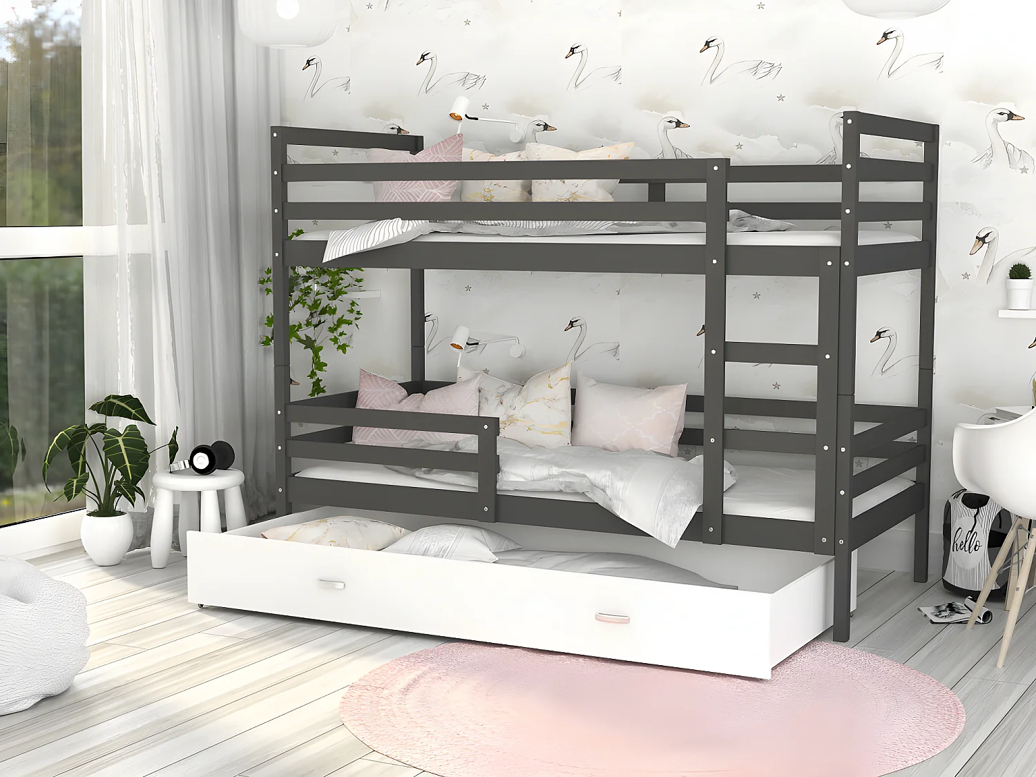 Lit Superposé Milo 90x190 Gris - blanc Livré avec sommiers, tiroir et matelas en mousse de 7cm