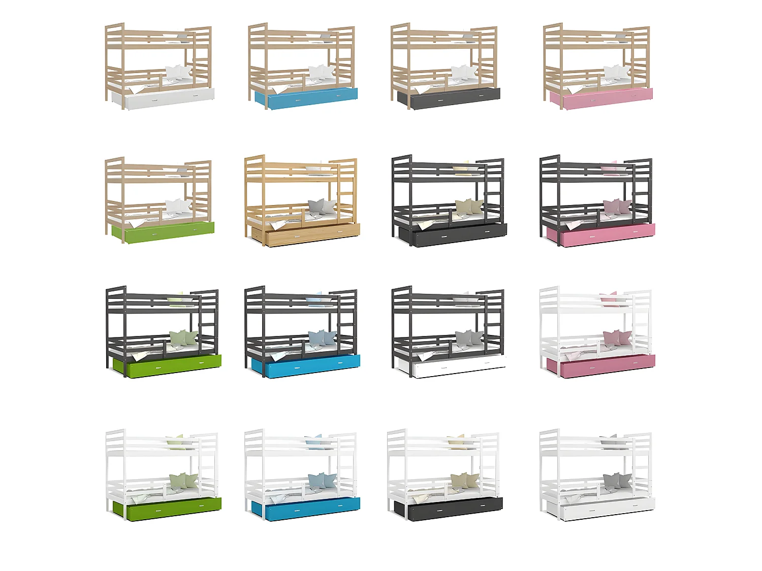 Lit Superposé Milo 90x190 Gris - blanc Livré avec sommiers, tiroir et matelas en mousse de 7cm