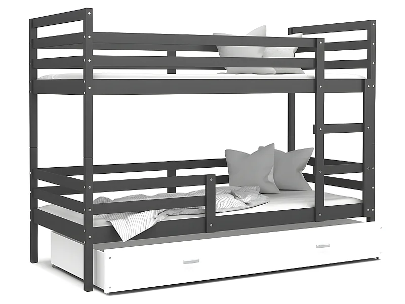 Lit Superposé Milo 90x190 Gris - blanc Livré avec sommiers, tiroir et matelas en mousse de 7cm