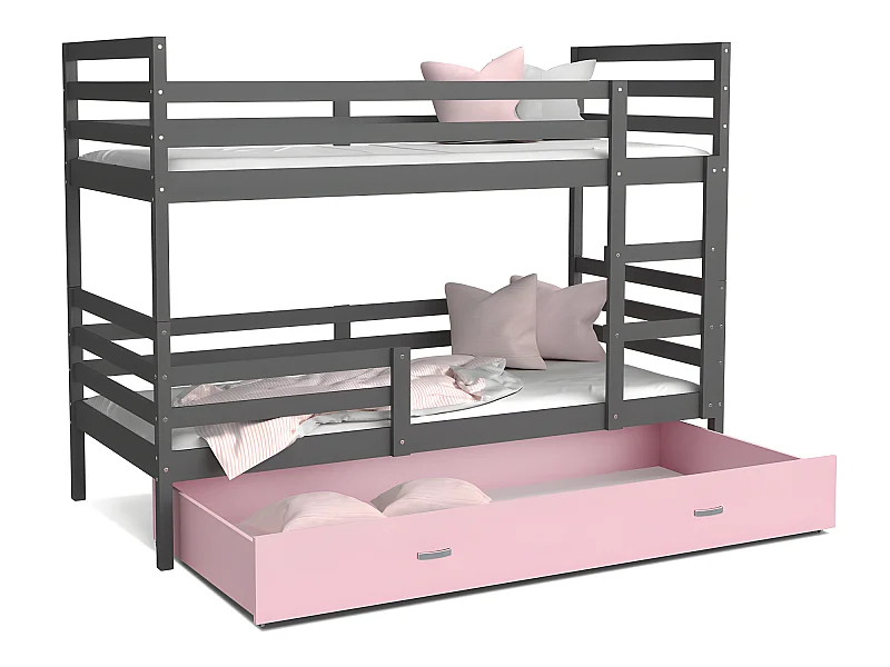 Lit Superposé Milo 90x190 Gris - rose Livré avec sommiers, tiroir et matelas en mousse de 7cm