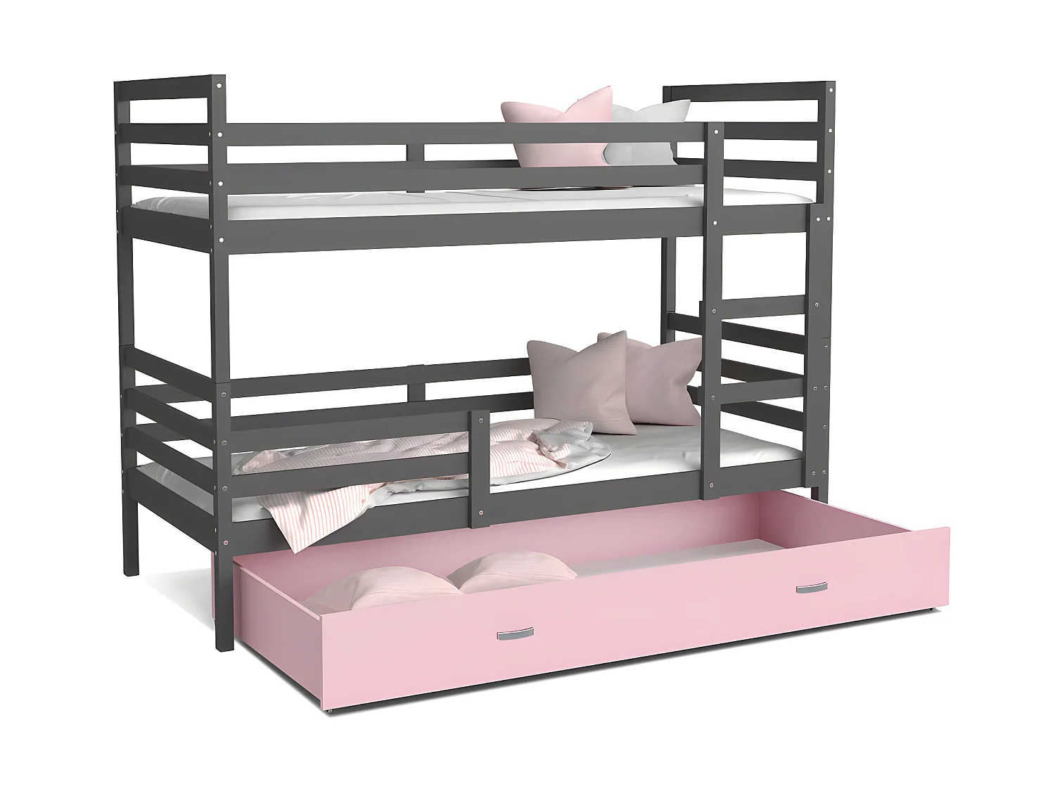 Lit Superposé Milo 90x190 Gris - rose Livré avec sommiers, tiroir et matelas en mousse de 7cm