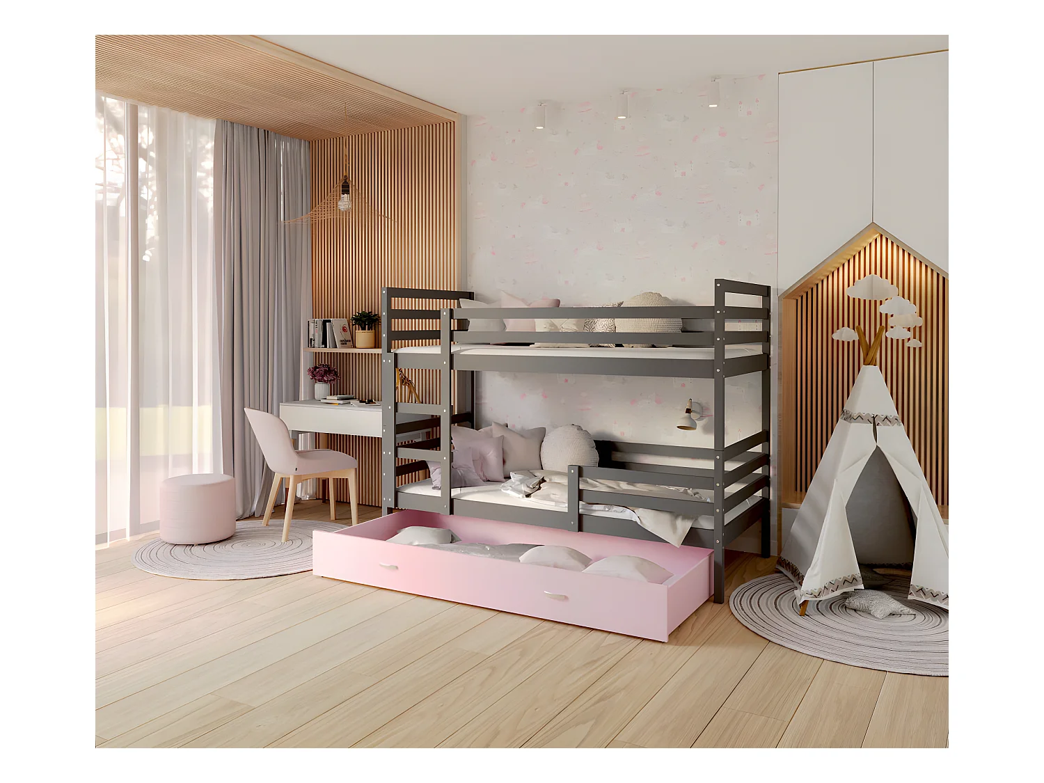 Lit Superposé Milo 90x190 Gris - rose Livré avec sommiers, tiroir et matelas en mousse de 7cm