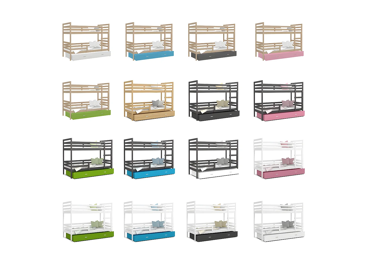 Lit Superposé Milo 90x190 Gris - rose Livré avec sommiers, tiroir et matelas en mousse de 7cm