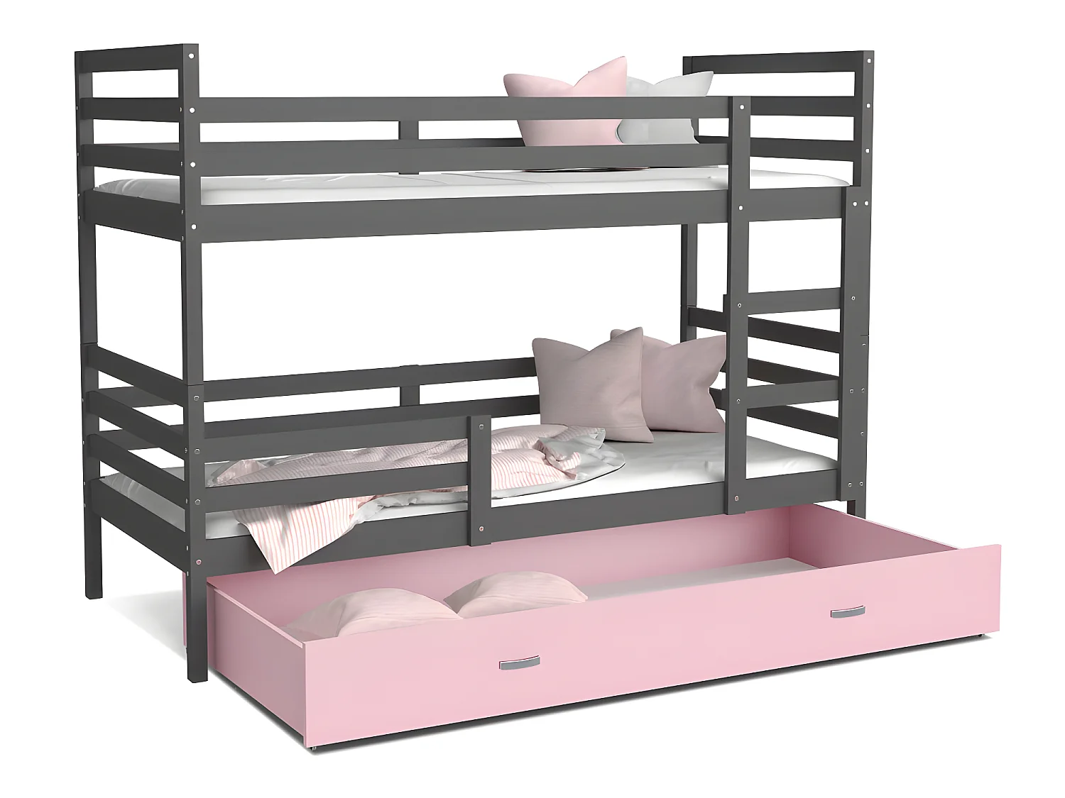 Lit Superposé Milo 90x190 Gris - rose Livré avec sommiers, tiroir et matelas en mousse de 7cm