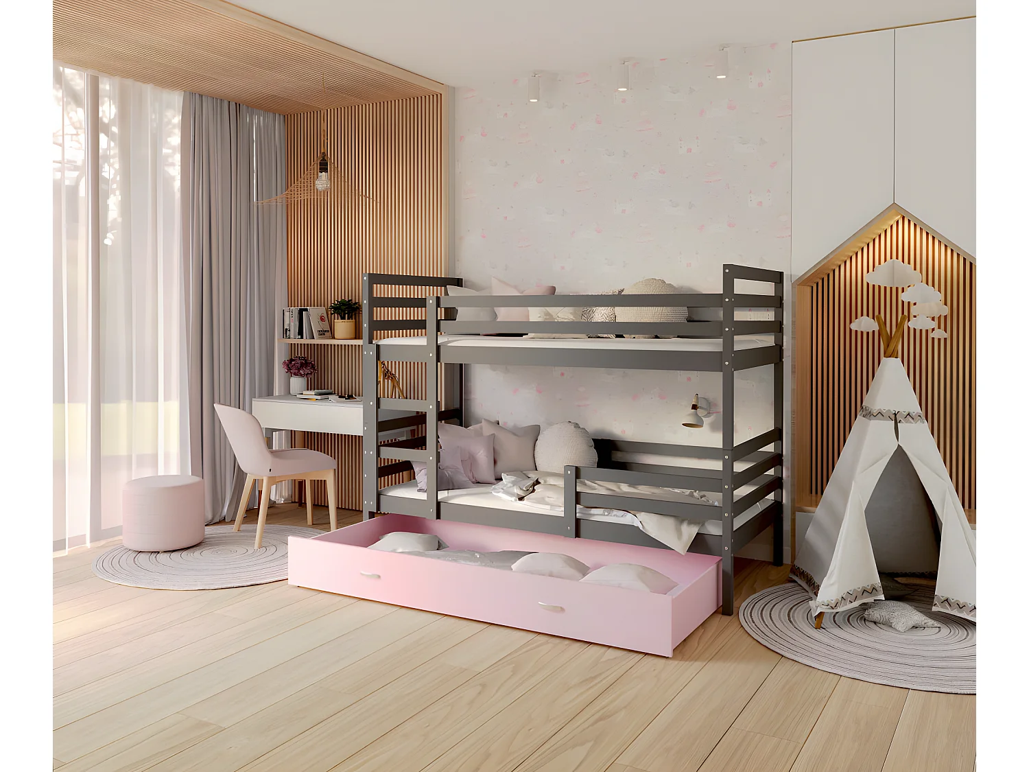 Lit Superposé Milo 90x190 Gris - rose Livré avec sommiers, tiroir et matelas en mousse de 7cm