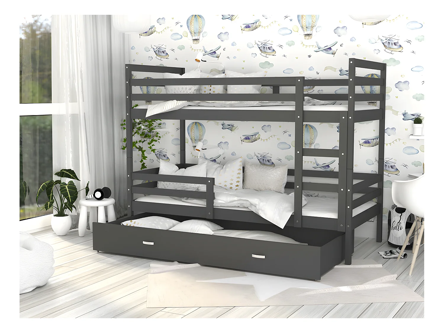 Lit Superposé Malo 90x190 ( Sans Matelas ) Gris - gris Livré avec le sommiers et tiroir.