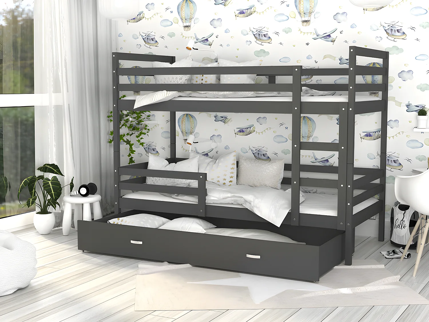 Lit Superposé Malo 90x190 ( Sans Matelas ) Gris - gris Livré avec le sommiers et tiroir.