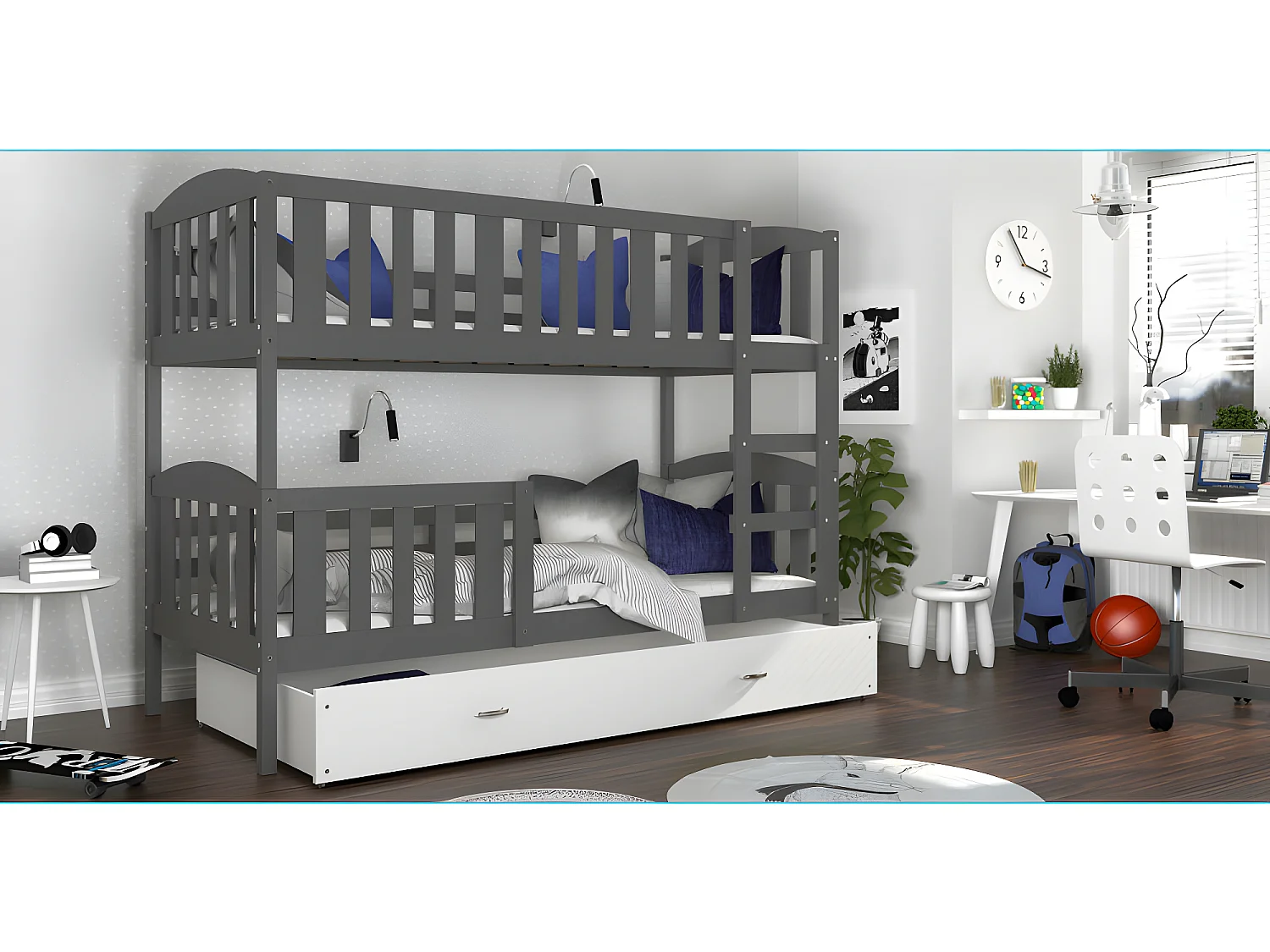 Lit Superposé Teo 80x160 Gris - blanc Livré avec sommiers, tiroir et matelas en mousse de 7cm