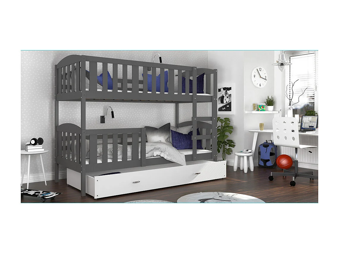 Lit Superposé Teo 80x160 Gris - blanc Livré avec sommiers, tiroir et matelas en mousse de 7cm