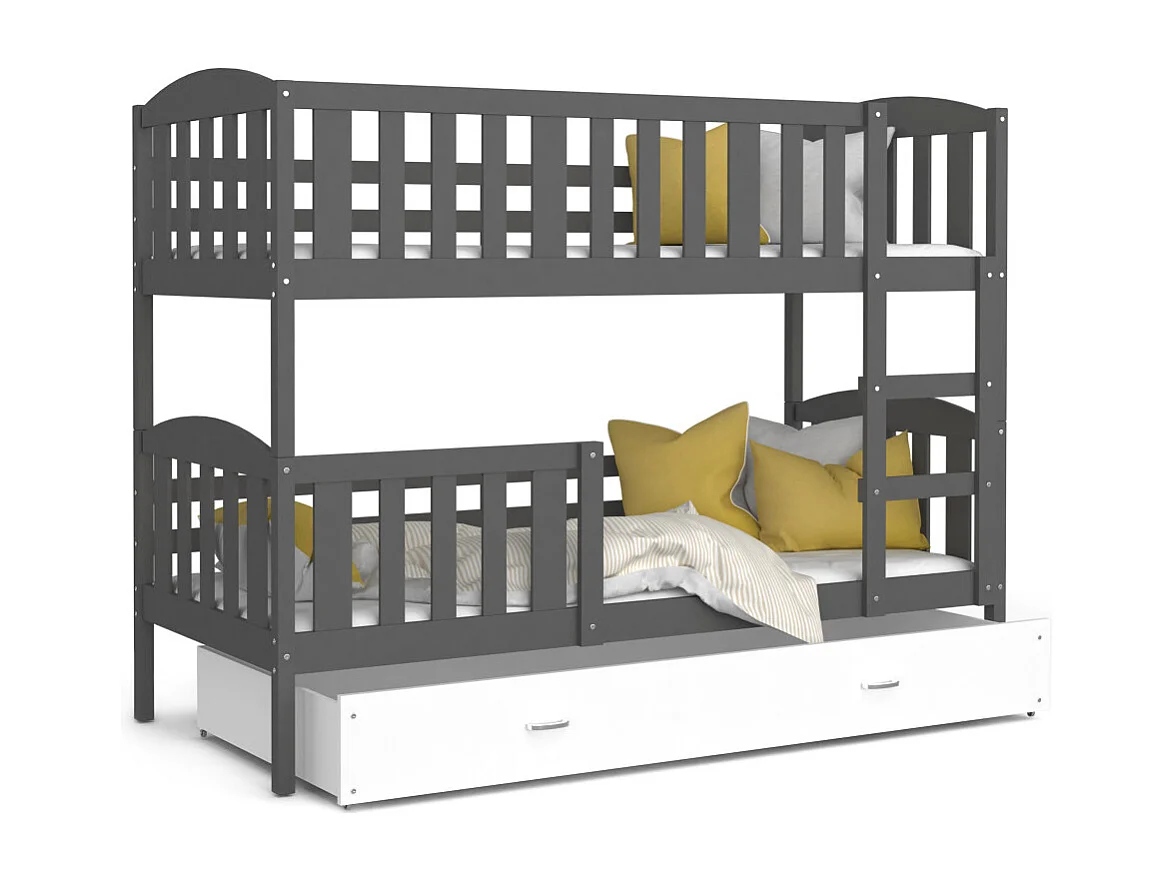 Lit Superposé Teo 80x160 Gris - blanc Livré avec sommiers, tiroir et matelas en mousse de 7cm