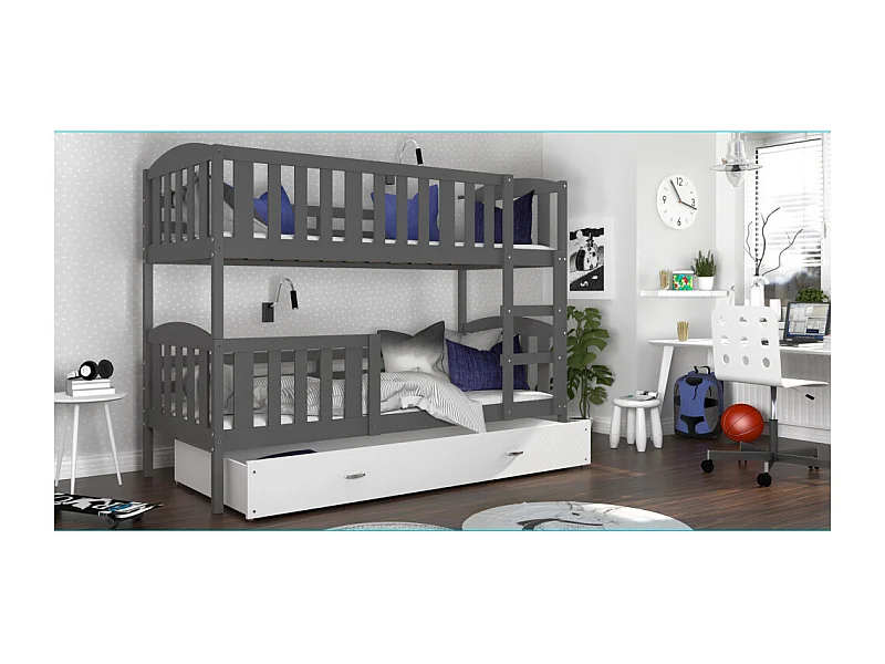 Lit Superposé Teo 80x160 Gris - blanc Livré avec sommiers, tiroir et matelas en mousse de 7cm