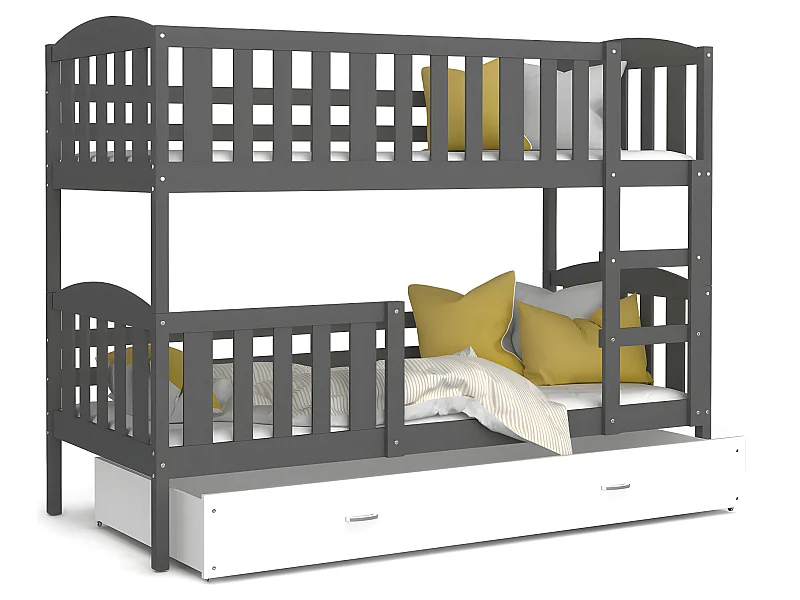 Lit Superposé Teo 80x160 Gris - blanc Livré avec sommiers, tiroir et matelas en mousse de 7cm